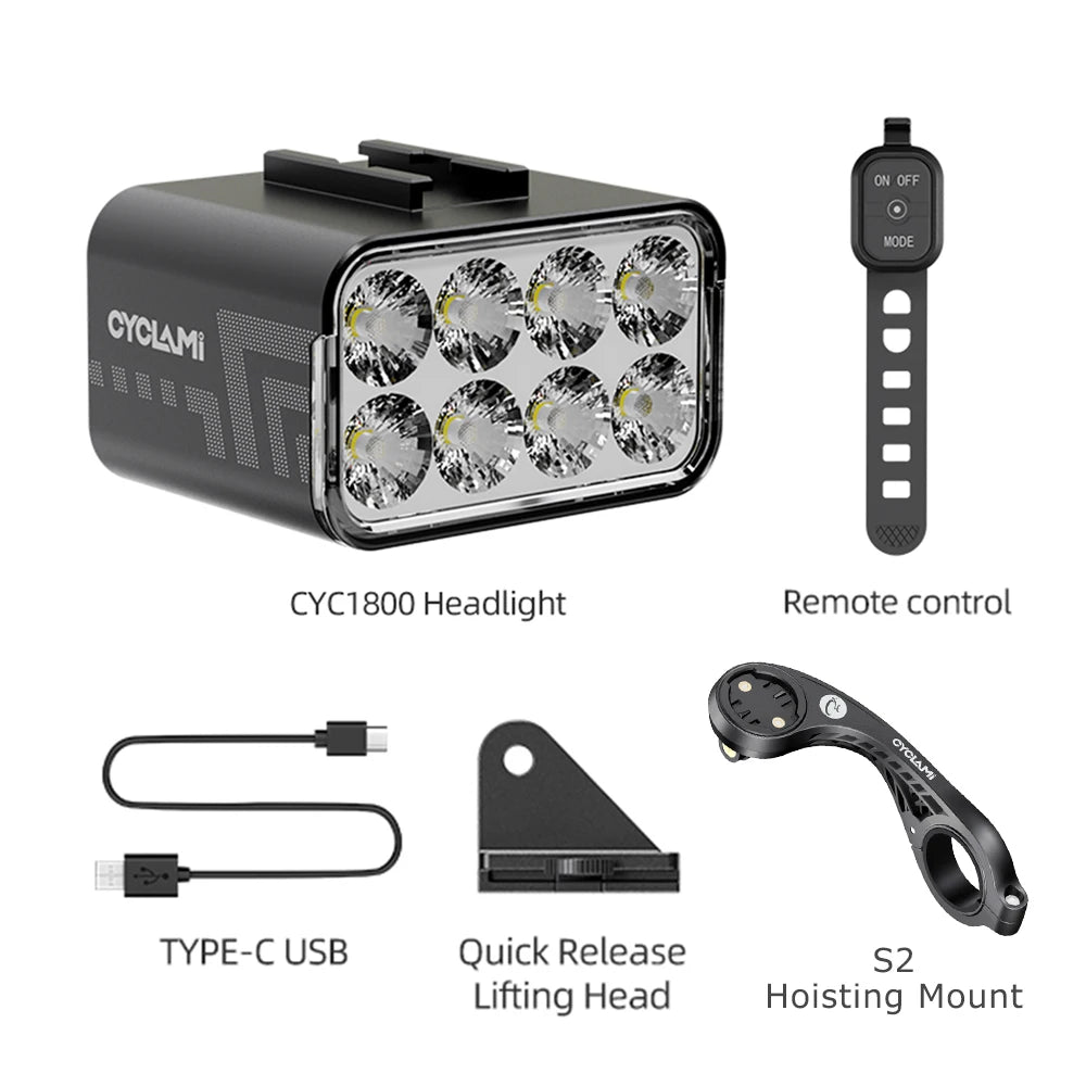 Wireless Remote Hoisting Bike Headlight 1800 Lumens Lifting Front Head Lamp Aluminum Alloy  CYC1800 for Road MTB Mountain