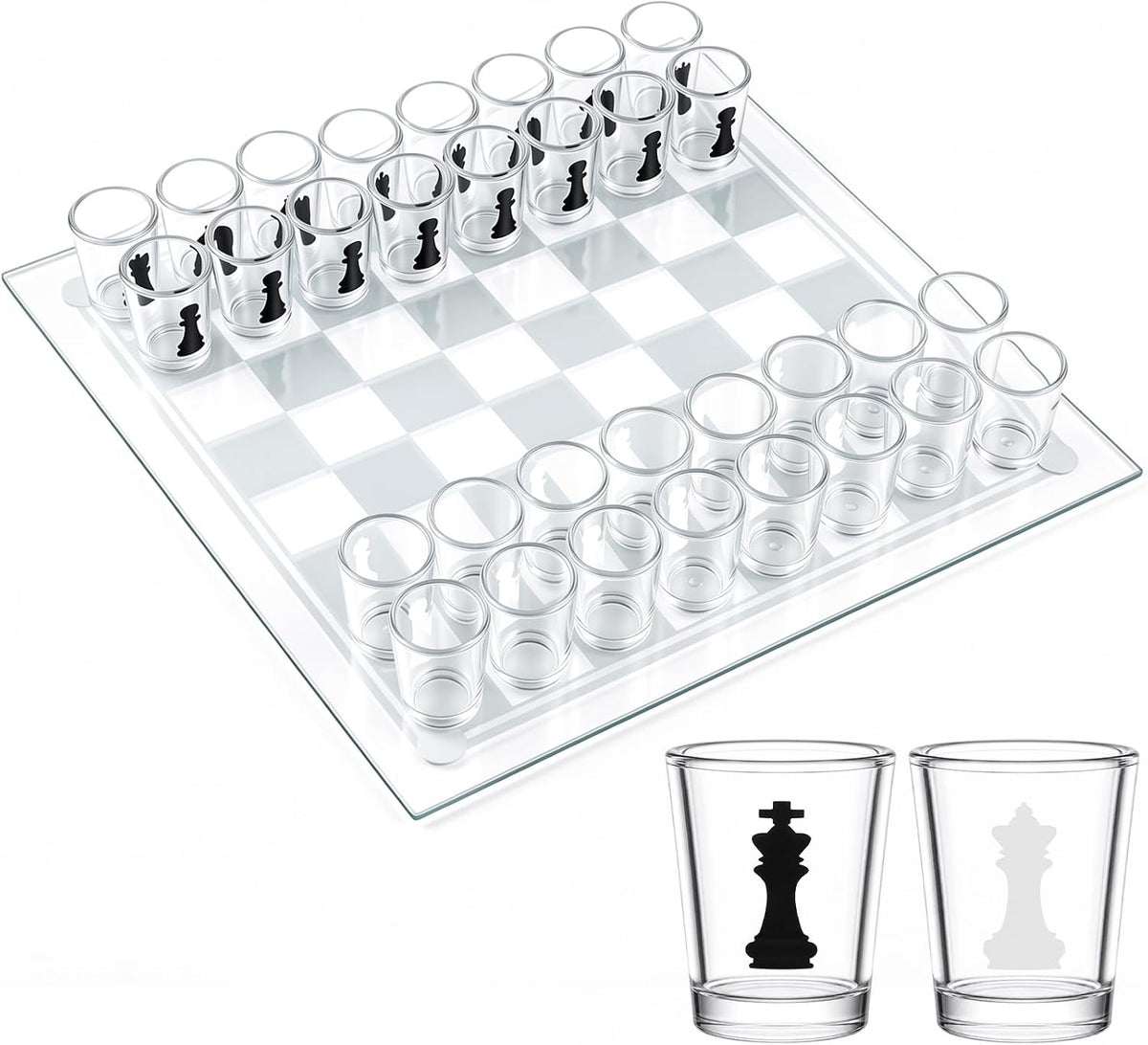 Chess Shot Glass Set Drinking Game for Adults 10" Glass Chess Board with 32 Shot Glasses for Home Bar Party Gift Easy to Clean Fun Sports Bar Drinking Gifts for Christmas