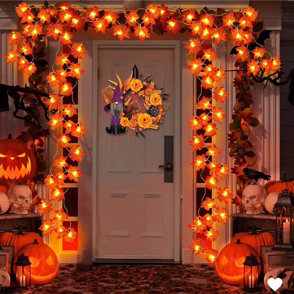 2/3/6M Halloween LED Lights String,Artificial Maple Leaf Lantern Garland,Halloween Christmas Thanksgiving Day Home Decorations
