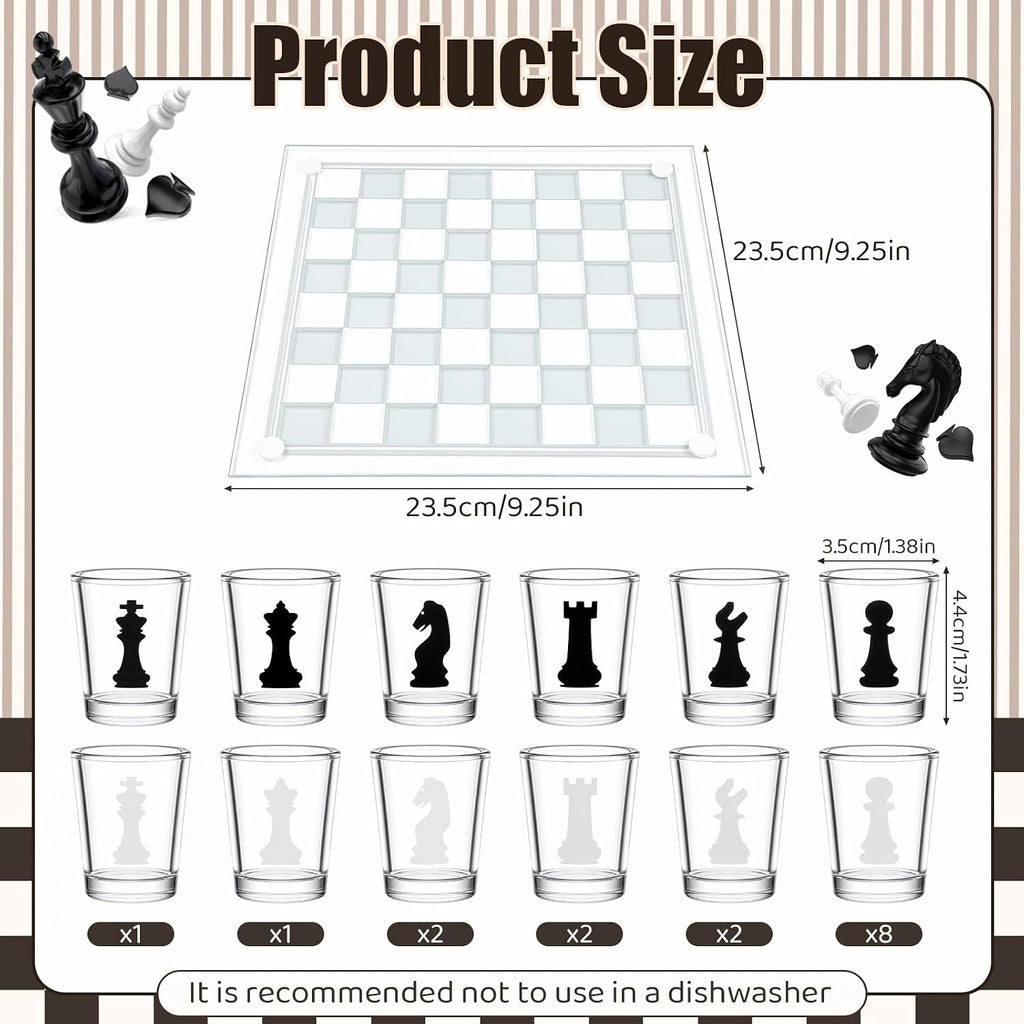 Chess Shot Glass Set Drinking Game for Adults 10" Glass Chess Board with 32 Shot Glasses for Home Bar Party Gift Easy to Clean Fun Sports Bar Drinking Gifts for Christmas
