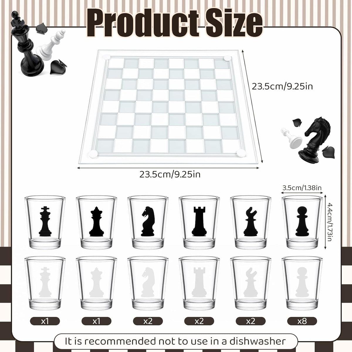 Chess Shot Glass Set Drinking Game for Adults 10" Glass Chess Board with 32 Shot Glasses for Home Bar Party Gift Easy to Clean Fun Sports Bar Drinking Gifts for Christmas