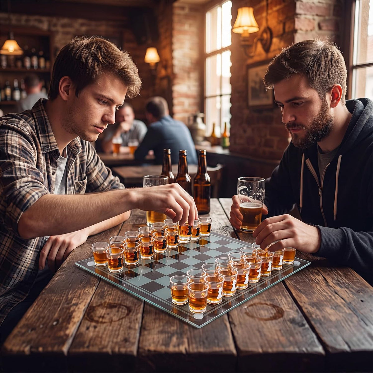 Chess Shot Glass Set Drinking Game for Adults 10" Glass Chess Board with 32 Shot Glasses for Home Bar Party Gift Easy to Clean Fun Sports Bar Drinking Gifts for Christmas