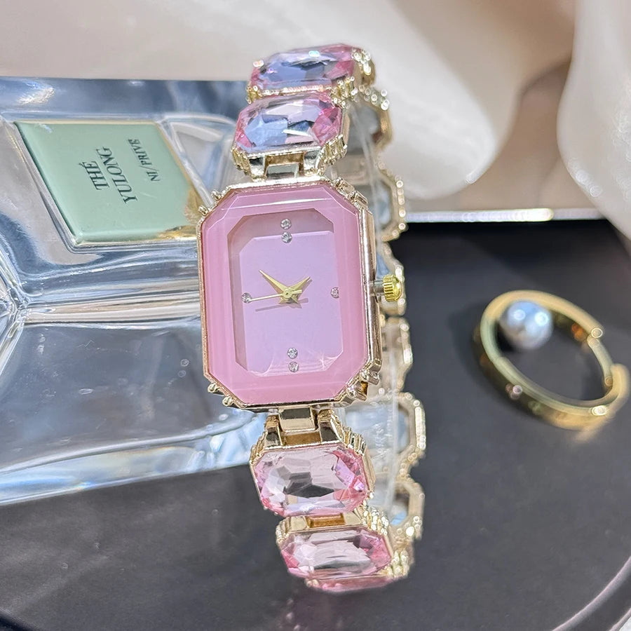 Women'S Large Section Rhinestone Chain Rectangular Color Case Rhinestone Dial Fashion European and American Style Ladies Watch